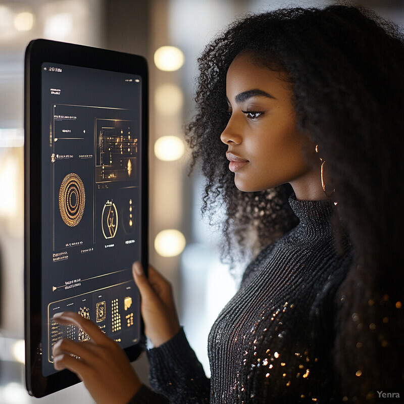 A woman in a black shirt with gold sequins looks at an iPad screen displaying jewelry designs.