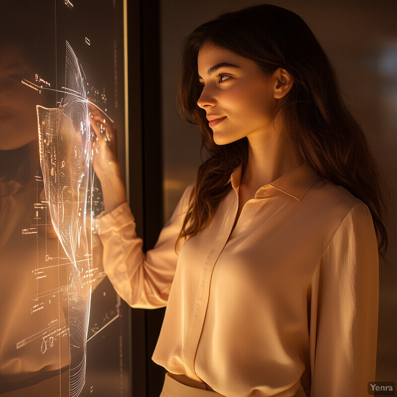 A woman with long brown hair and a beige silk blouse stands in front of an interactive screen, possibly involved in personalized cross-selling and upselling.