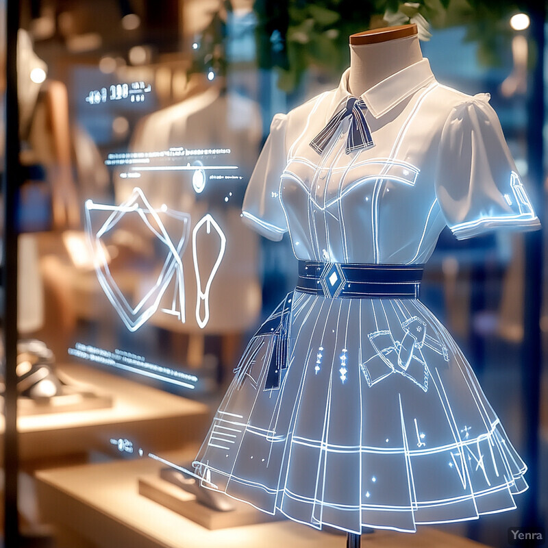 A personalized cross-selling and upselling strategy is showcased on a mannequin dressed in a white blouse with puffy sleeves and a black belt.