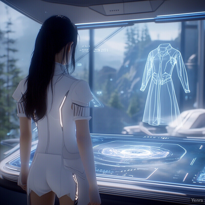 A woman in a white jumpsuit is intently looking at a holographic display projecting an image of a dress or garment.