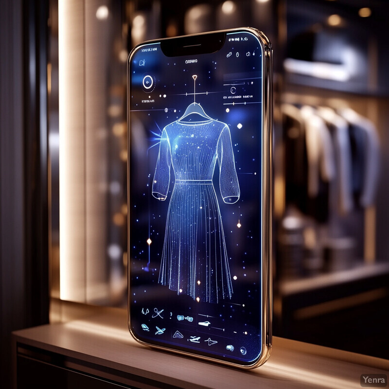 A smartphone displaying a dress on its screen in front of a blurred background that appears to be a clothing store or boutique.