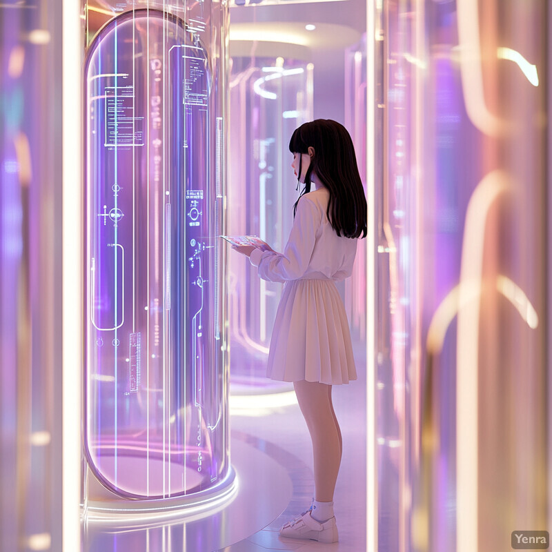 A woman interacts with a futuristic glass wall in an office or laboratory setting.