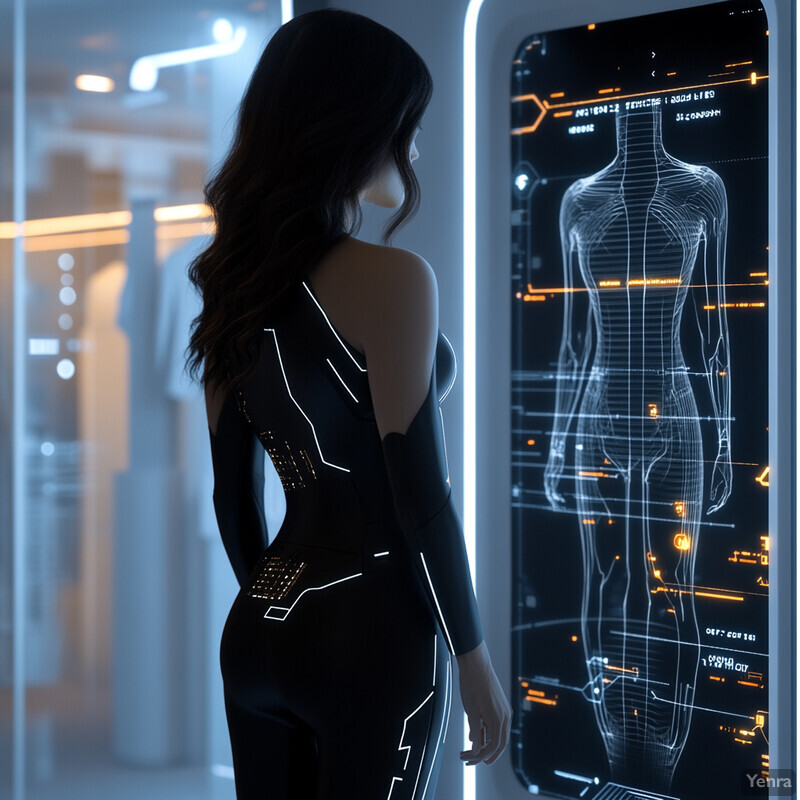 A woman stands in front of a futuristic interface displaying her detailed body scan.