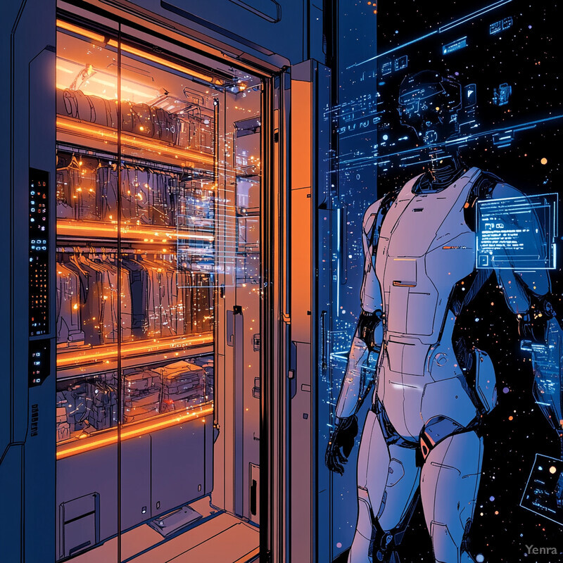 A futuristic room with a glass door and an orange glow, featuring a humanoid robot standing in front of a dark background.