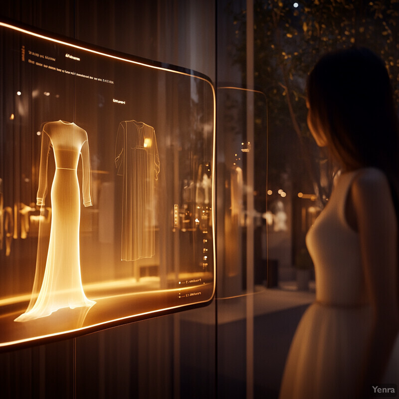 A woman in a white dress stands in front of a glass display case containing a long, floor-length white gown with sleeves.