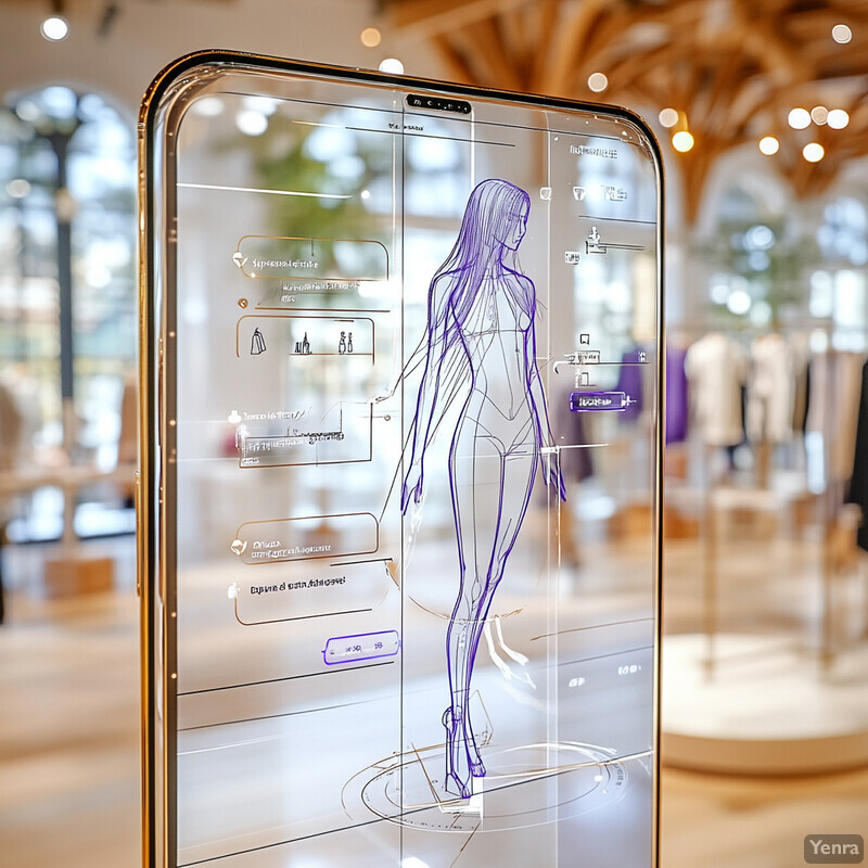 A large screen displays a digital model of a woman's body with real-time fit recommendations.