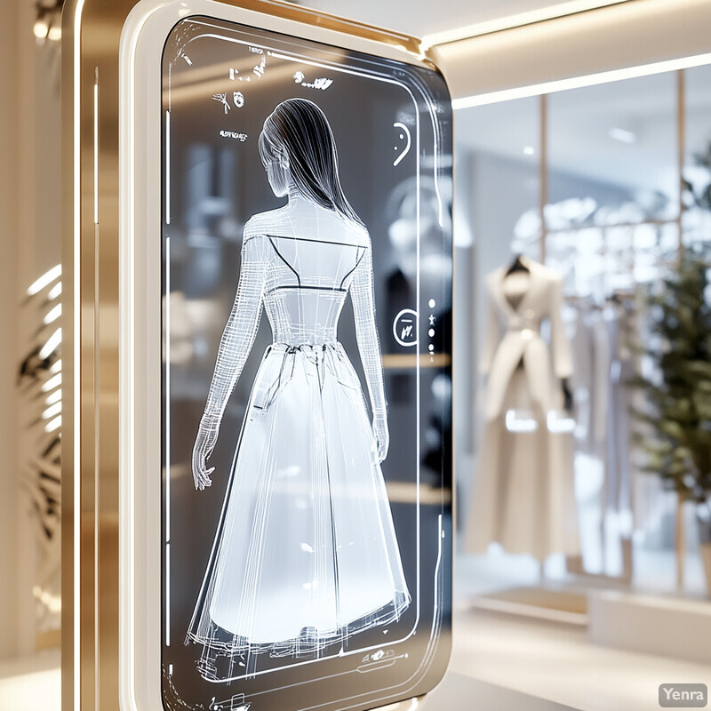 Virtual try-on display in a clothing store featuring a white dress on a mannequin.