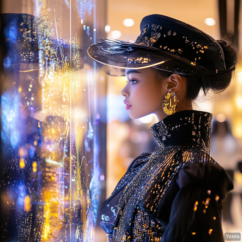 A woman in a black hat and jacket stands in front of a glass wall that reflects vibrant colors, exuding sophistication and elegance.