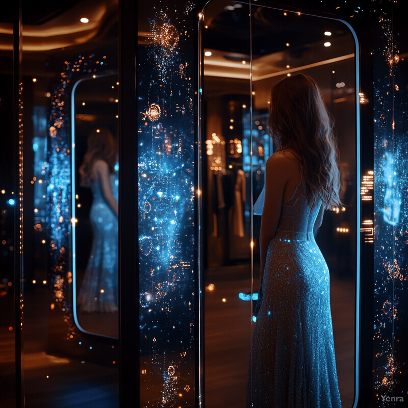 A woman tries on a sparkling white dress in front of an AR screen.