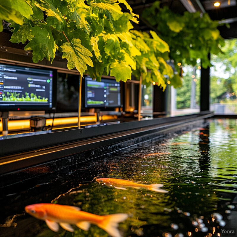 Advanced Hydroponics and Aquaponics Management system with a large tank filled with water and several fish swimming in it.