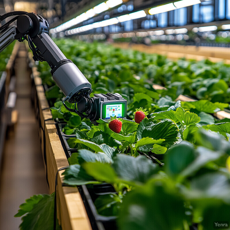 An indoor strawberry farm utilizing autonomous harvesting assistance technology.