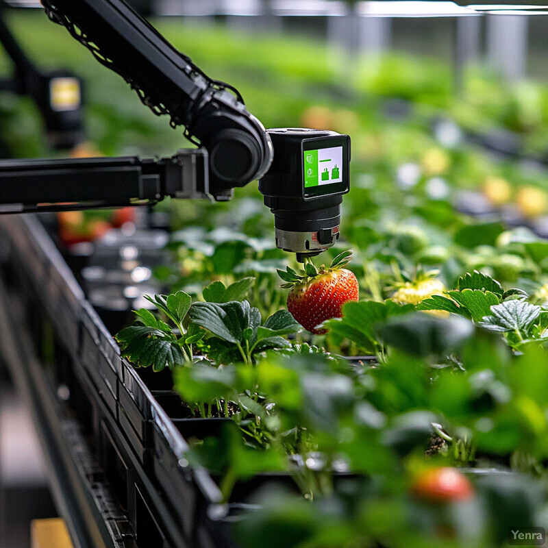 A strawberry field with rows of plants growing in black plastic containers.