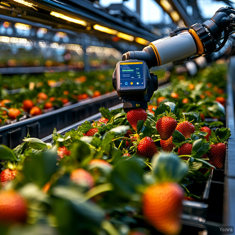 A strawberry field with rows of ripe strawberries growing on vines.