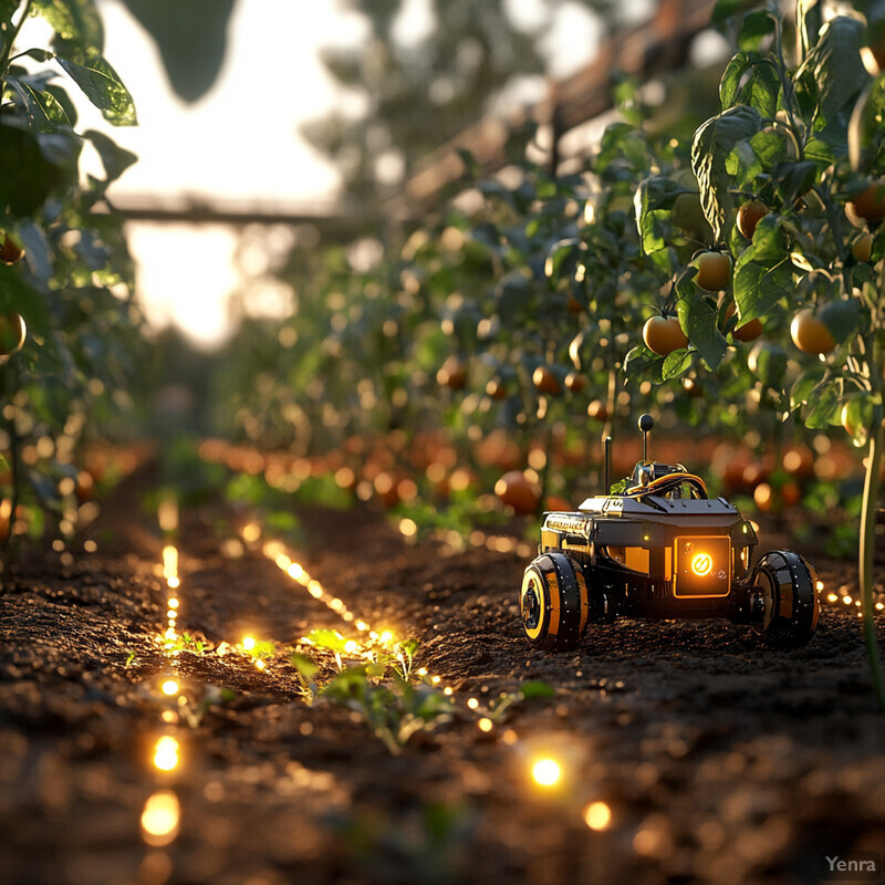 A small robot in a greenhouse or garden setting surrounded by plants and fruit trees.