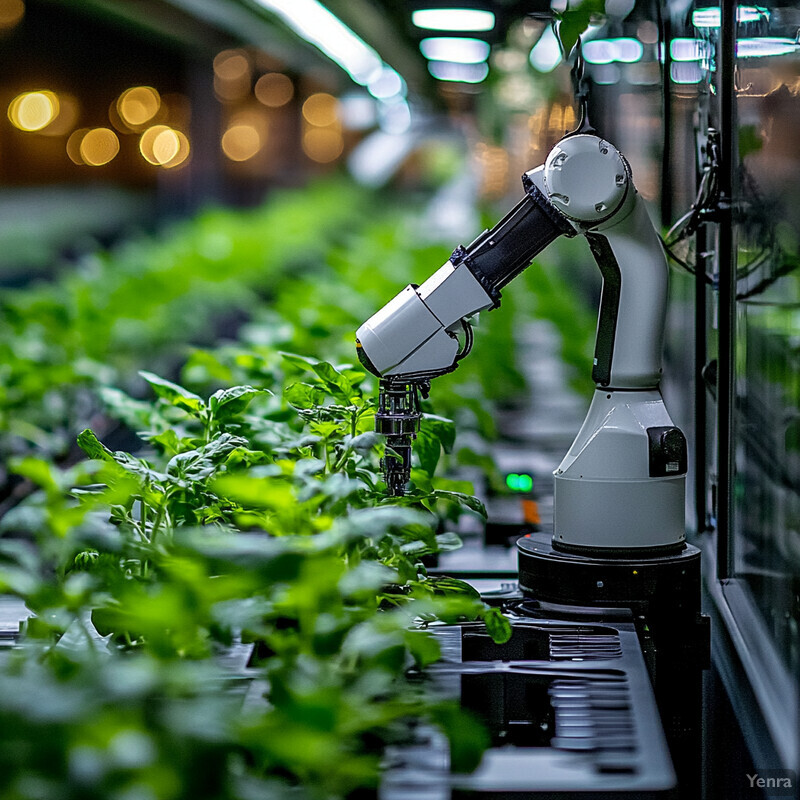 Two robotic arms are positioned among rows of plants in an indoor setting.