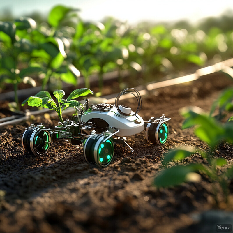 An autonomous device designed for pruning and weeding is shown in a field of plants.