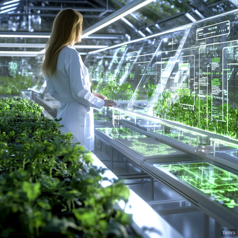 A woman in a white lab coat examines data on a futuristic display screen surrounded by plants and equipment.