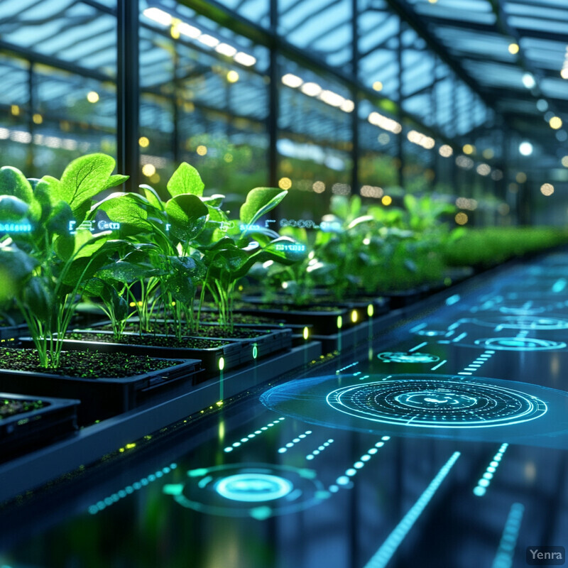 A greenhouse filled with plants and advanced technology for monitoring plant growth.