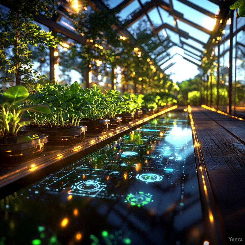 A futuristic greenhouse with rows of potted plants and glowing blue lines running along the floor.