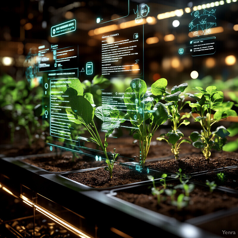 A futuristic indoor garden or greenhouse with rows of plants and screens displaying data about the crops.