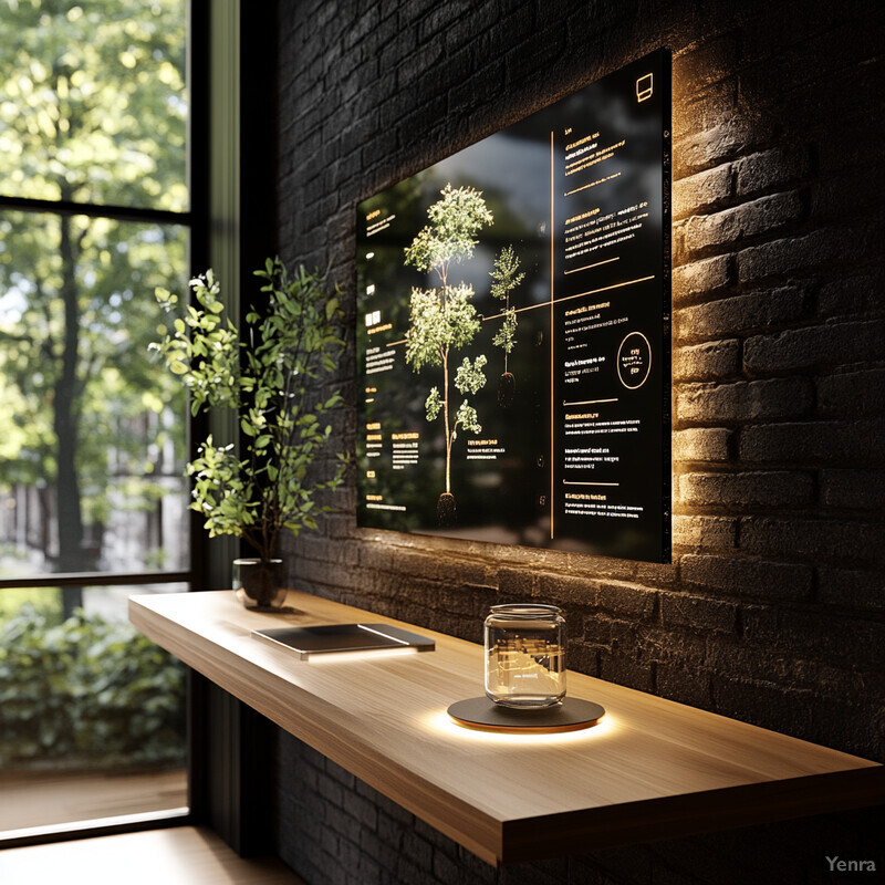 A well-lit indoor room with a wooden table, potted plant, and blackboard on the wall.