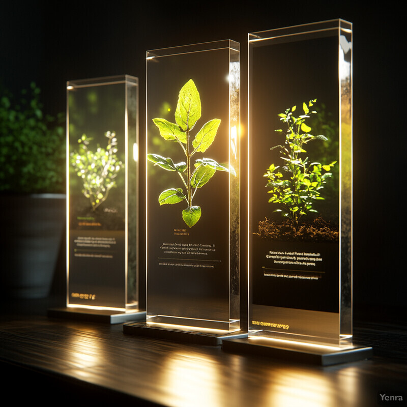 Four glass display cases containing plants with vibrant green leaves and stems are arranged on a wooden table or shelf in an indoor setting.