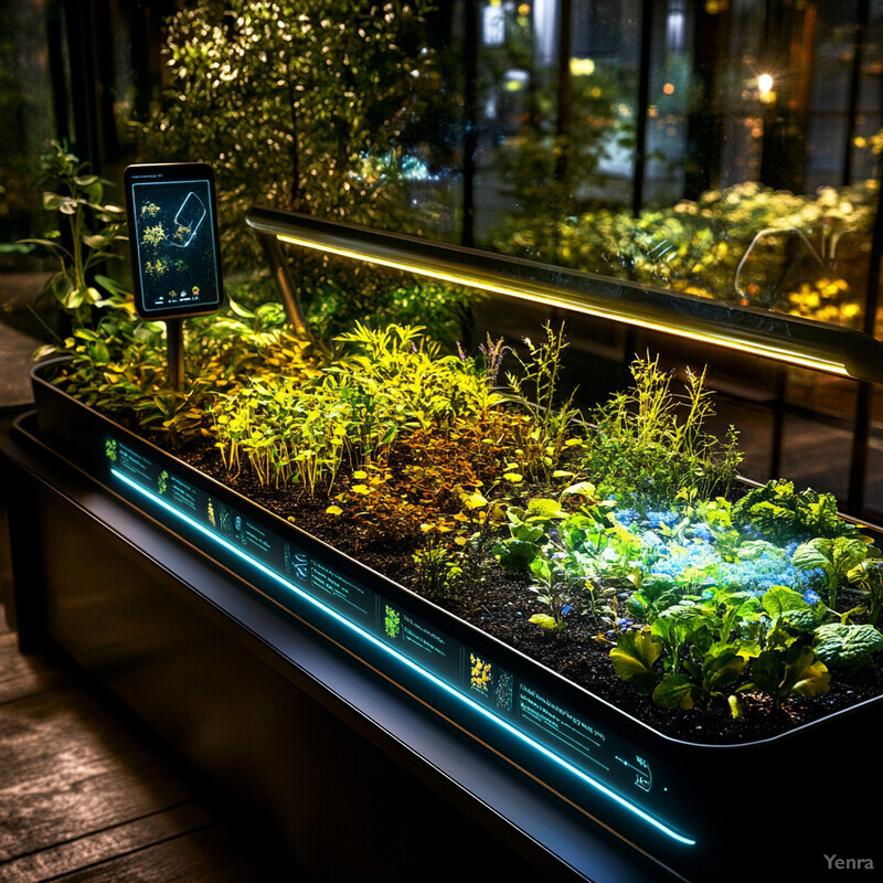 A well-organized indoor herb garden with a unique arrangement of plants under blue lights.