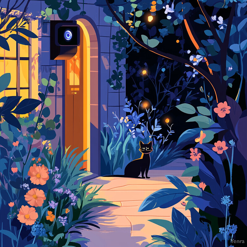 An illustration of a cat sitting on a porch at night, surrounded by lush greenery and vibrant flowers.