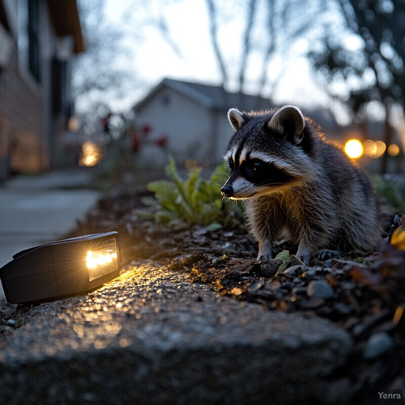 A raccoon is seen standing on a curb, gazing at a small solar-powered light.