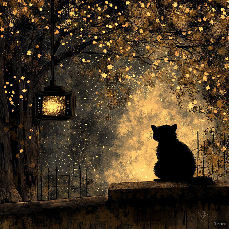 A cat sits on a wall, gazing at an old TV suspended from a tree branch above it, set against the backdrop of a starry night sky.