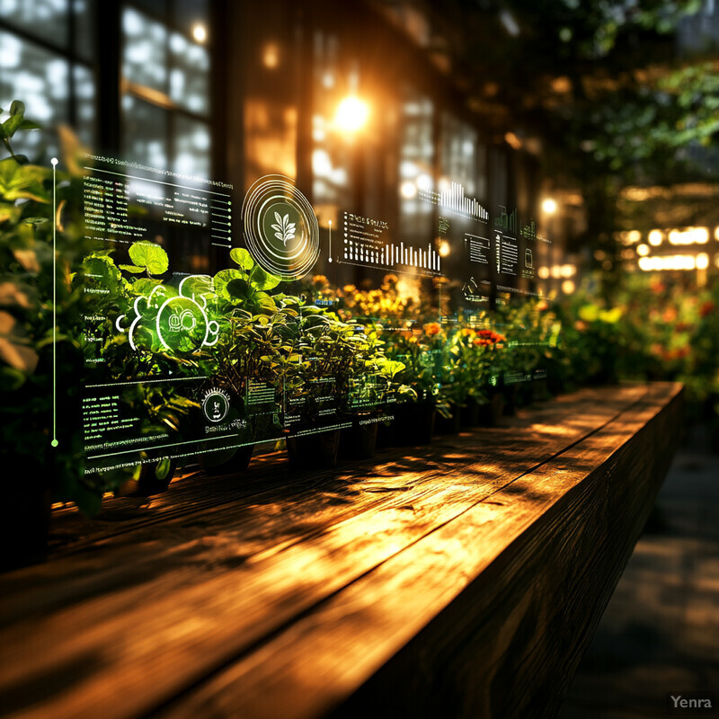 A long wooden bench with a lush green plant growing out of it in an outdoor setting.