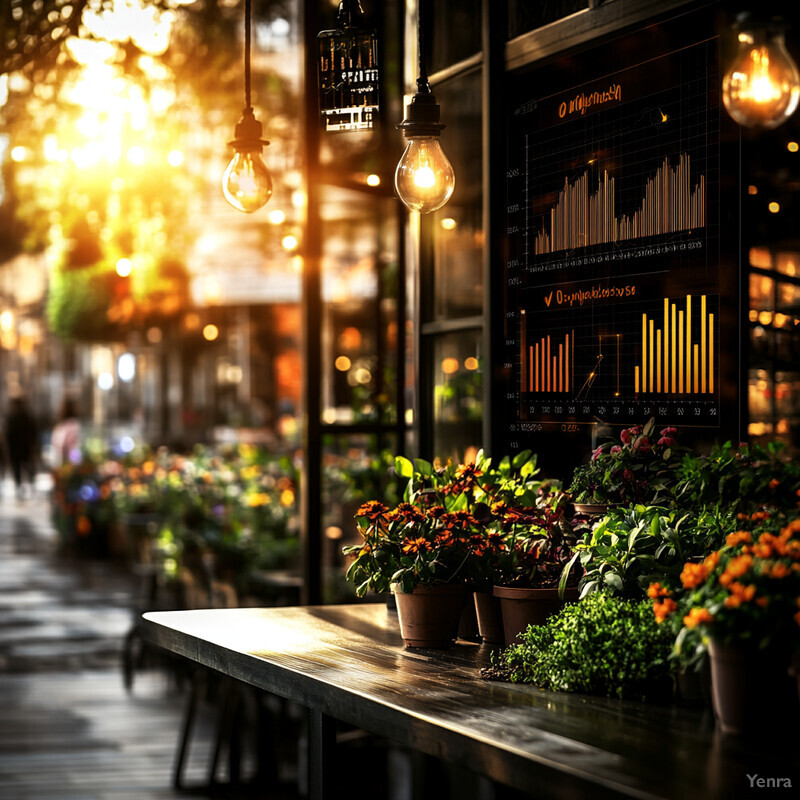 A cozy outdoor setting with a wooden table and chairs, potted plants, and hanging light bulbs.