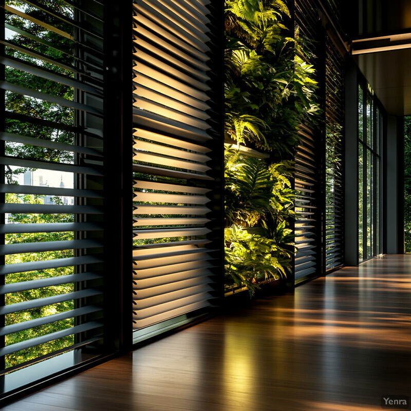 An interior living space with a smart home ecosystem, featuring a greenery wall and open blinds.