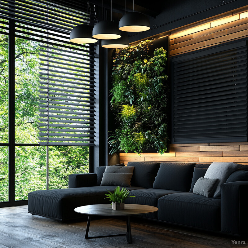 A living room with a focus on integration with smart home ecosystems, featuring a dark color scheme and modern lighting.