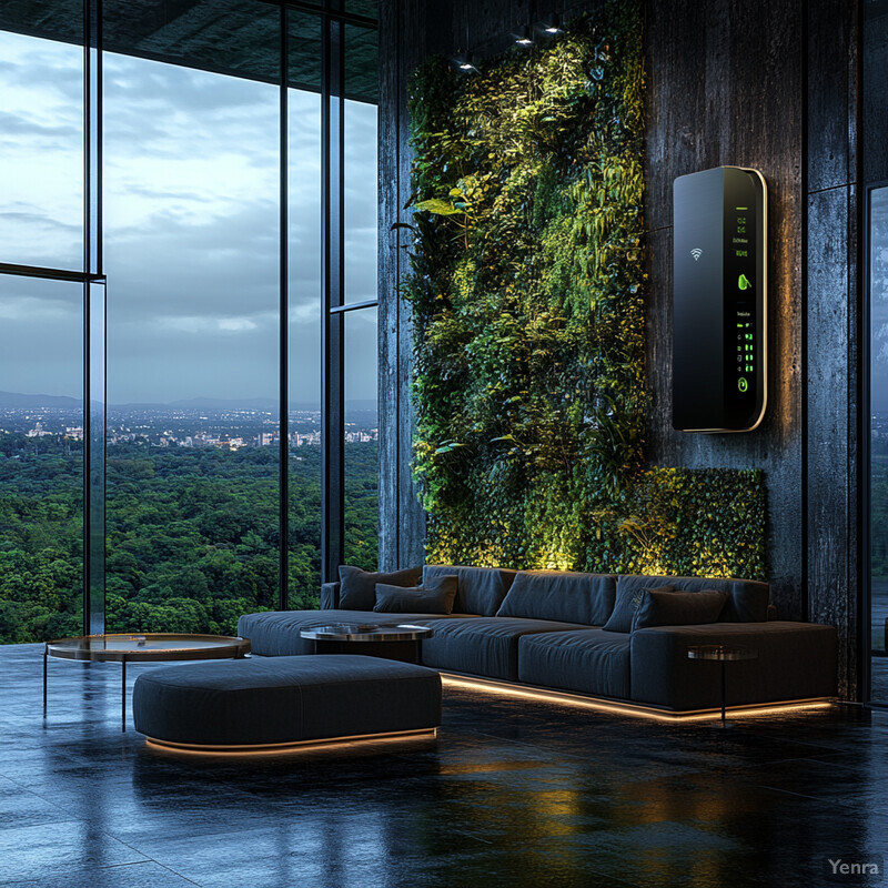 A sophisticated living room with floor-to-ceiling windows, a dark gray couch, and a vibrant vertical garden.