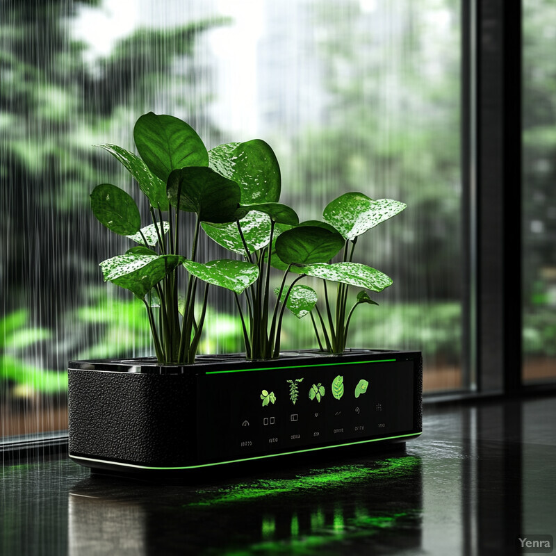 A modern planter box with an integrated irrigation control system and several green leaves with white spots.