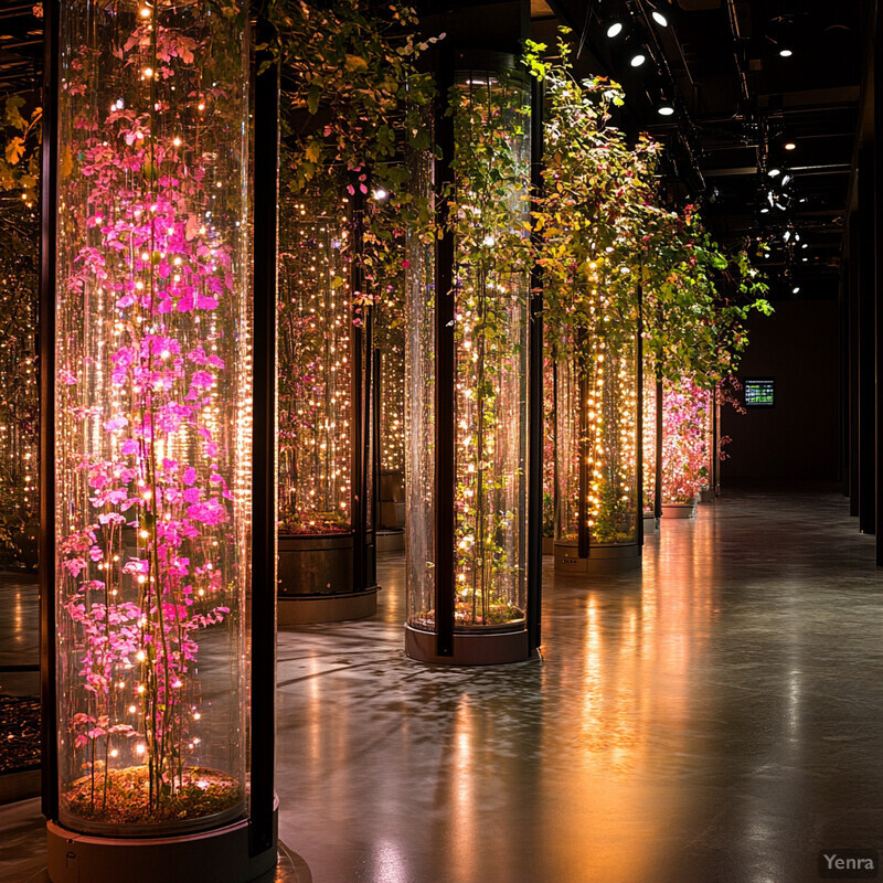 An indoor garden or greenhouse with glass cylinders containing small trees and plants, illuminated by fairy lights.