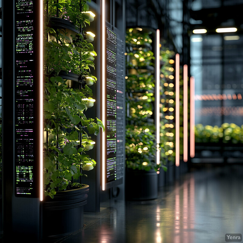 An indoor garden setup with vertical planters featuring green plants and apples.