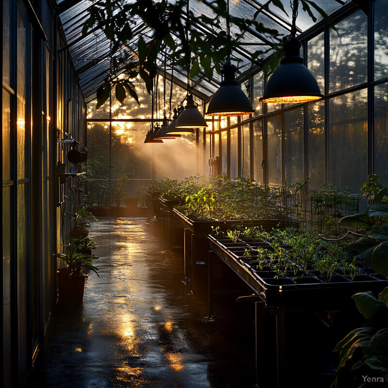 A greenhouse with hanging lights and potted plants.