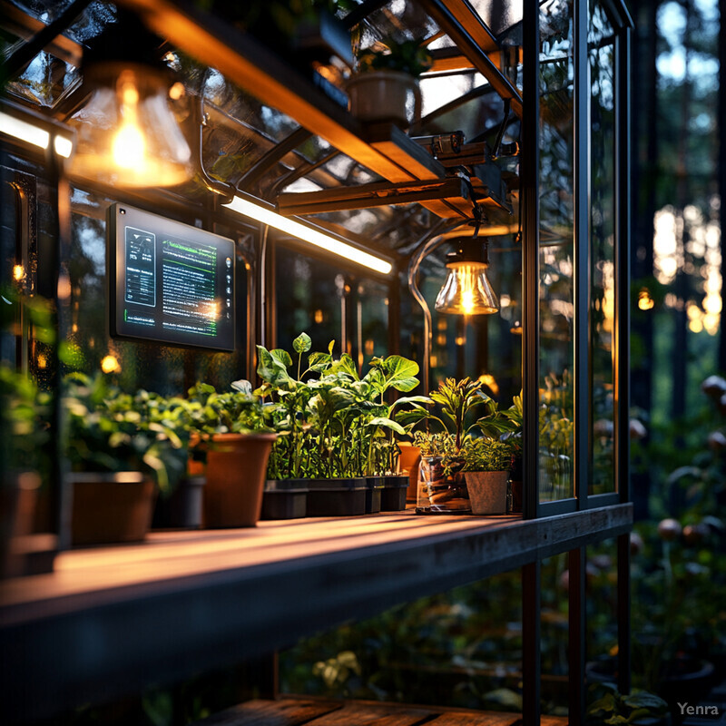 A peaceful greenhouse filled with lush greenery and a sign displaying information about the different types of plants.