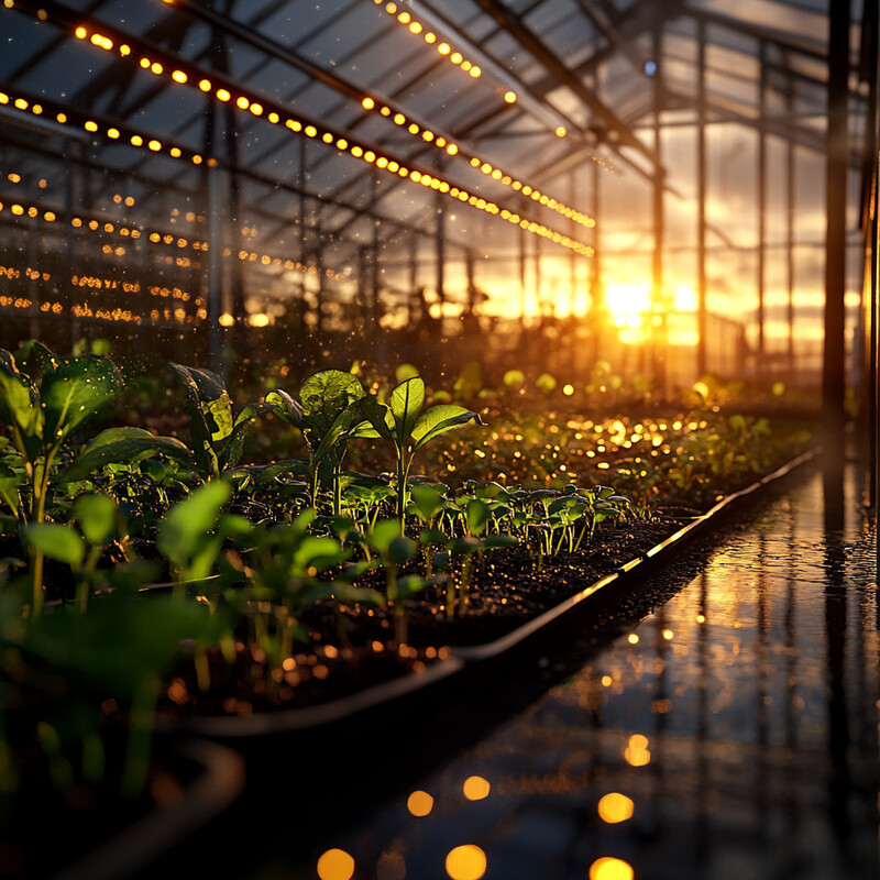 An indoor greenhouse with rows of plants growing in pots, bathed in warm sunlight.