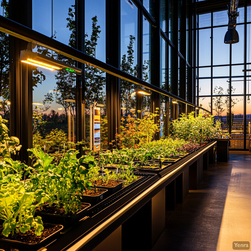 An indoor plant nursery with a long table lined with various plants and equipped with lights and fans.