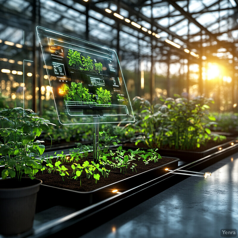 A futuristic greenhouse or indoor garden setup displaying data related to plant growth.