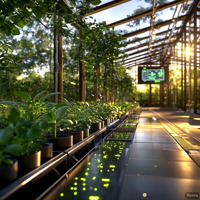 A greenhouse or indoor plant nursery with rows of potted plants and a large screen displaying growth data.