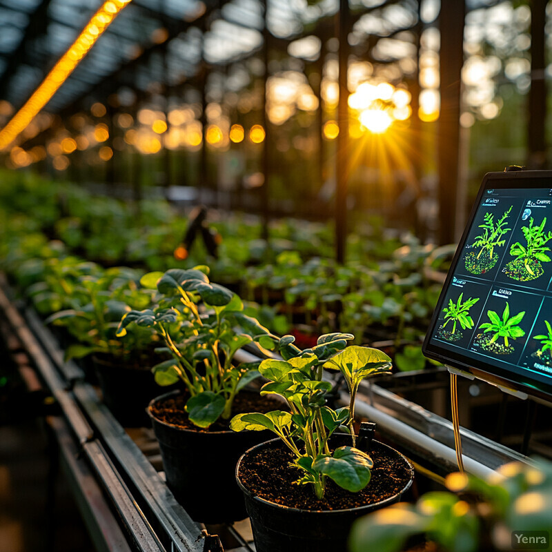 A greenhouse filled with rows of potted plants, possibly being used for research or experimentation.