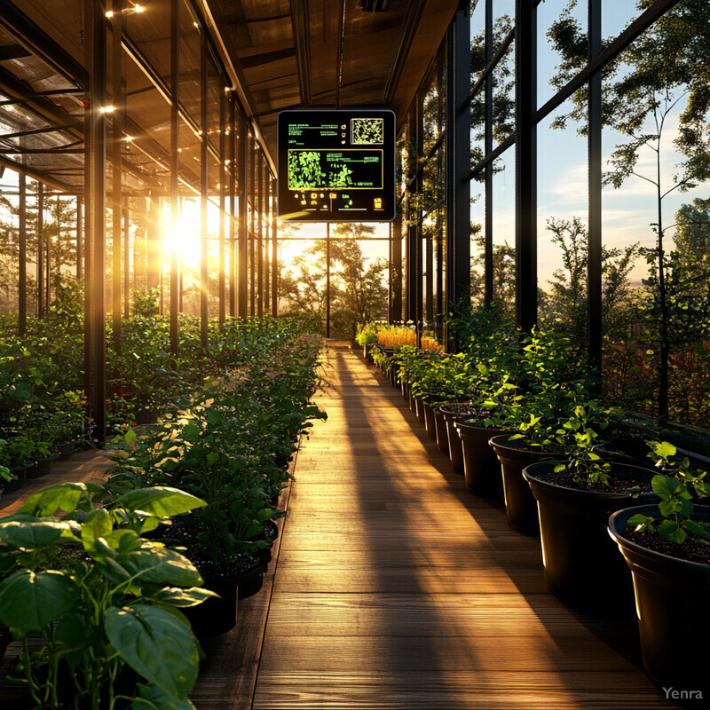 A greenhouse with rows of potted plants and a digital screen displaying data on nutrient optimization.