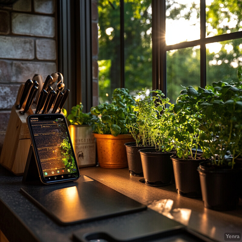 A kitchen countertop with a phone stand, knife block, and cutting board, surrounded by potted plants near a window.