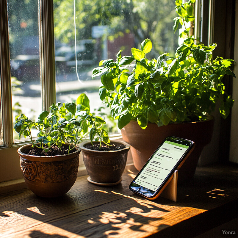 A windowsill workspace where plants and a smartphone coexist in harmony.