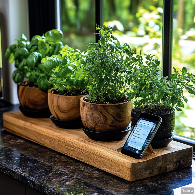 A kitchen countertop with potted herbs and a cell phone on a cutting board.