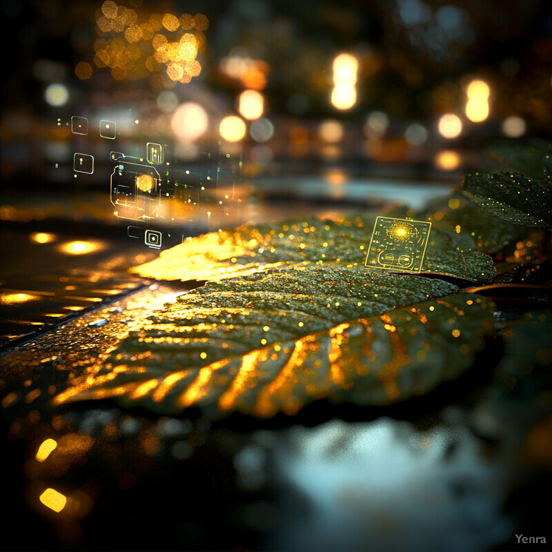 A close-up of wet leaves on the ground at night.